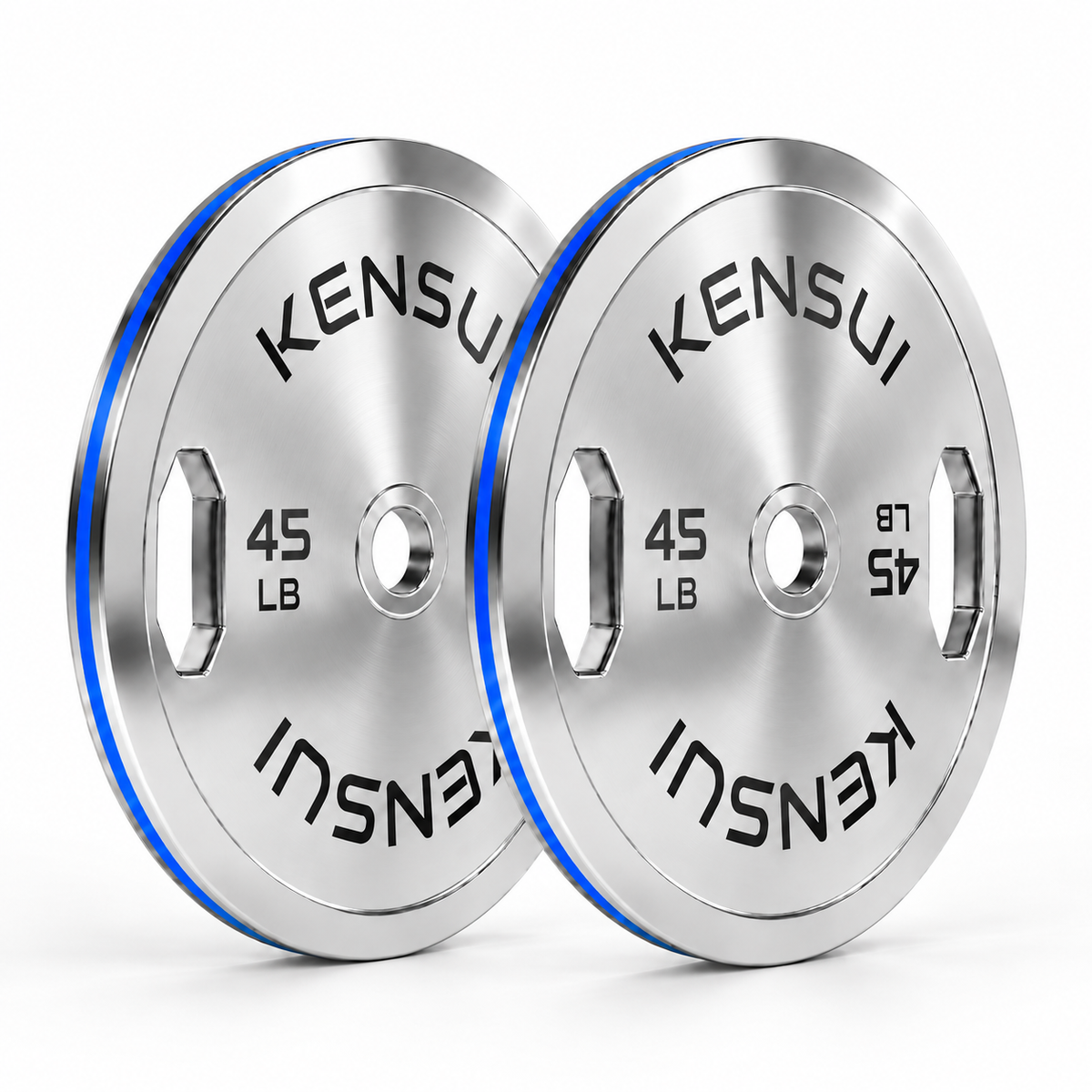 Pair of Kensui 45 LB chrome grip calibrated plates with blue rim stripes, shown on white.