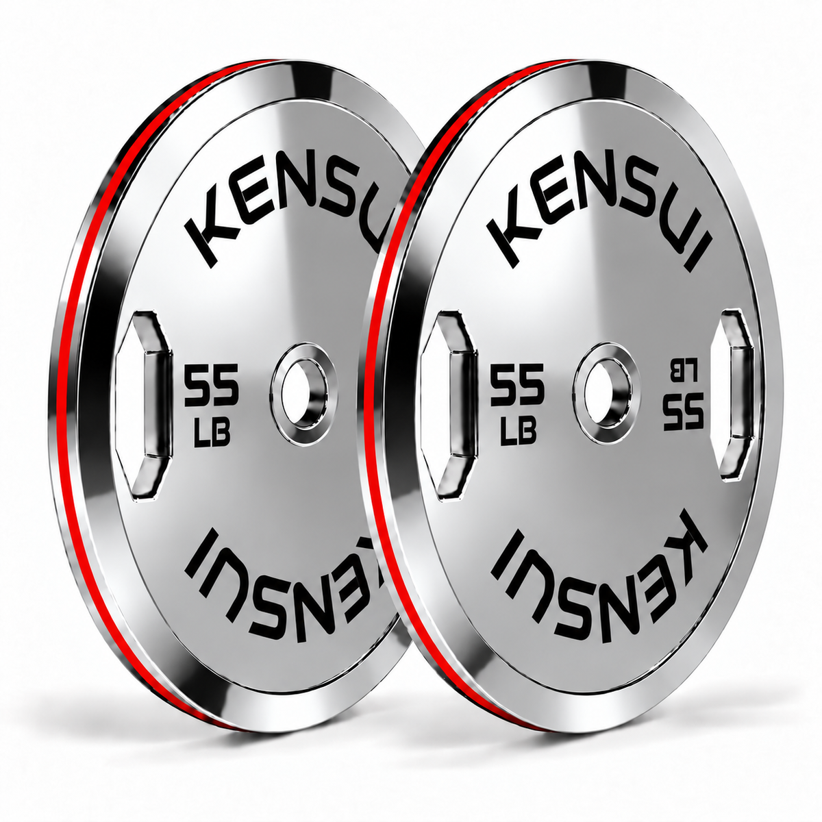 Pair of Kensui 55 lb calibrated chrome grip weight plates with a mirror-polished finish, black markings and red rim inserts on white.