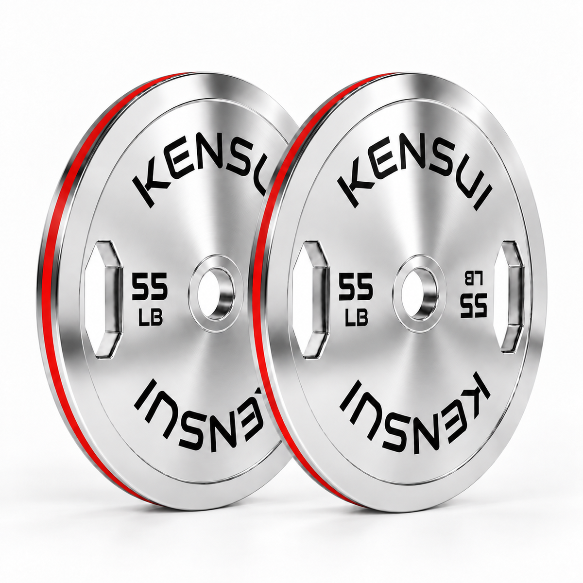 Pair of Kensui 55 LB chrome grip calibrated plates with red rim stripes, shown on white.
