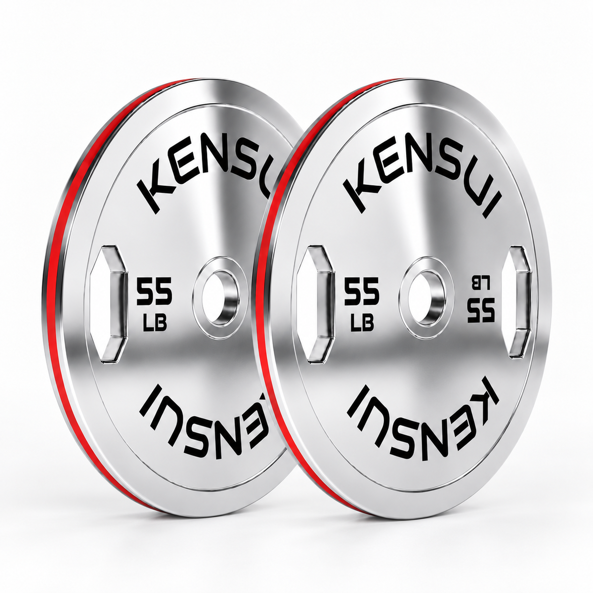 Pair of Kensui 55 LB chrome grip calibrated plates with red rim stripes on a white background.