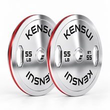 Load image into Gallery viewer, Pair of Kensui 55 LB chrome grip calibrated plates with red rim stripes on a white background.