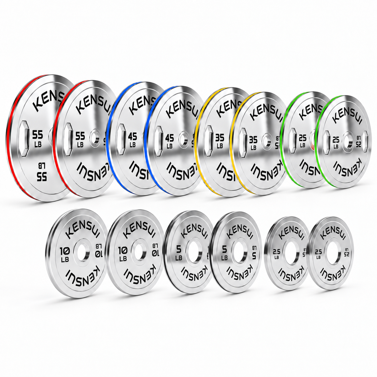 Kensui chrome plate lineup showing pairs of 55, 45, 35, 25, 10, 5 and 2.5 LB plates.