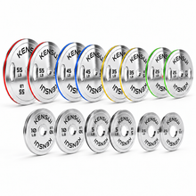 Load image into Gallery viewer, Kensui chrome plate lineup showing pairs of 55, 45, 35, 25, 10, 5 and 2.5 LB plates.