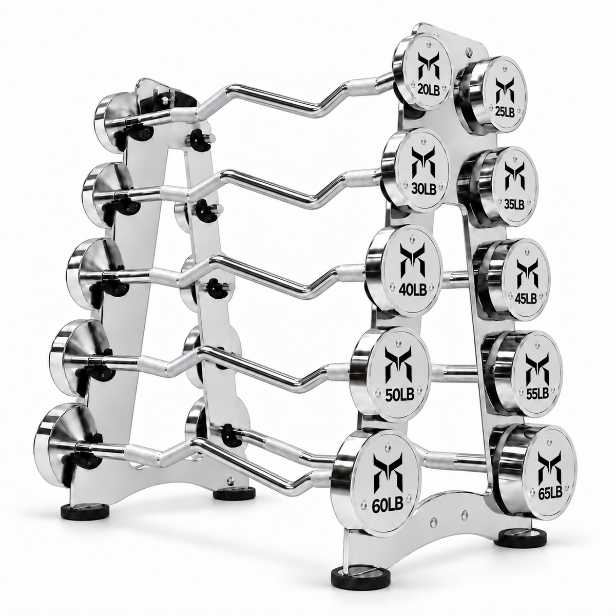 Ten barbells. One rack. 20–65 lb