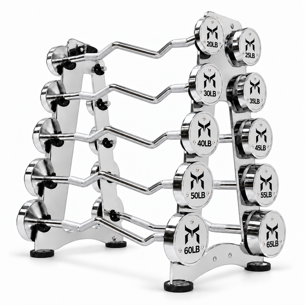 Kensui fixed chrome curl barbells, 10 weights from 20 to 65 lb with one rack, continuous angled center bends, original Kabuto logos and centered top bolts