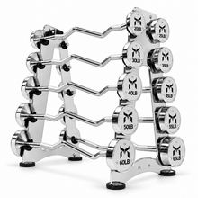 ギャラリー閲覧画面に画像を読み込む、Kensui fixed chrome curl barbells, 10 weights from 20 to 65 lb with one rack, continuous angled center bends, original Kabuto logos and centered top bolts