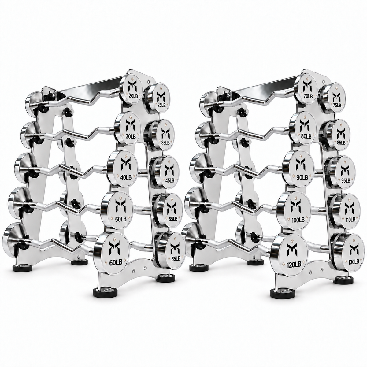 Twenty barbells. Two racks. 20–130 lb