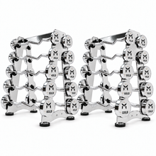 ギャラリー閲覧画面に画像を読み込む、Kensui fixed chrome curl barbells, 20 weights from 20 to 130 lb with two racks, continuous angled center bends, original Kabuto logos and centered top bolts