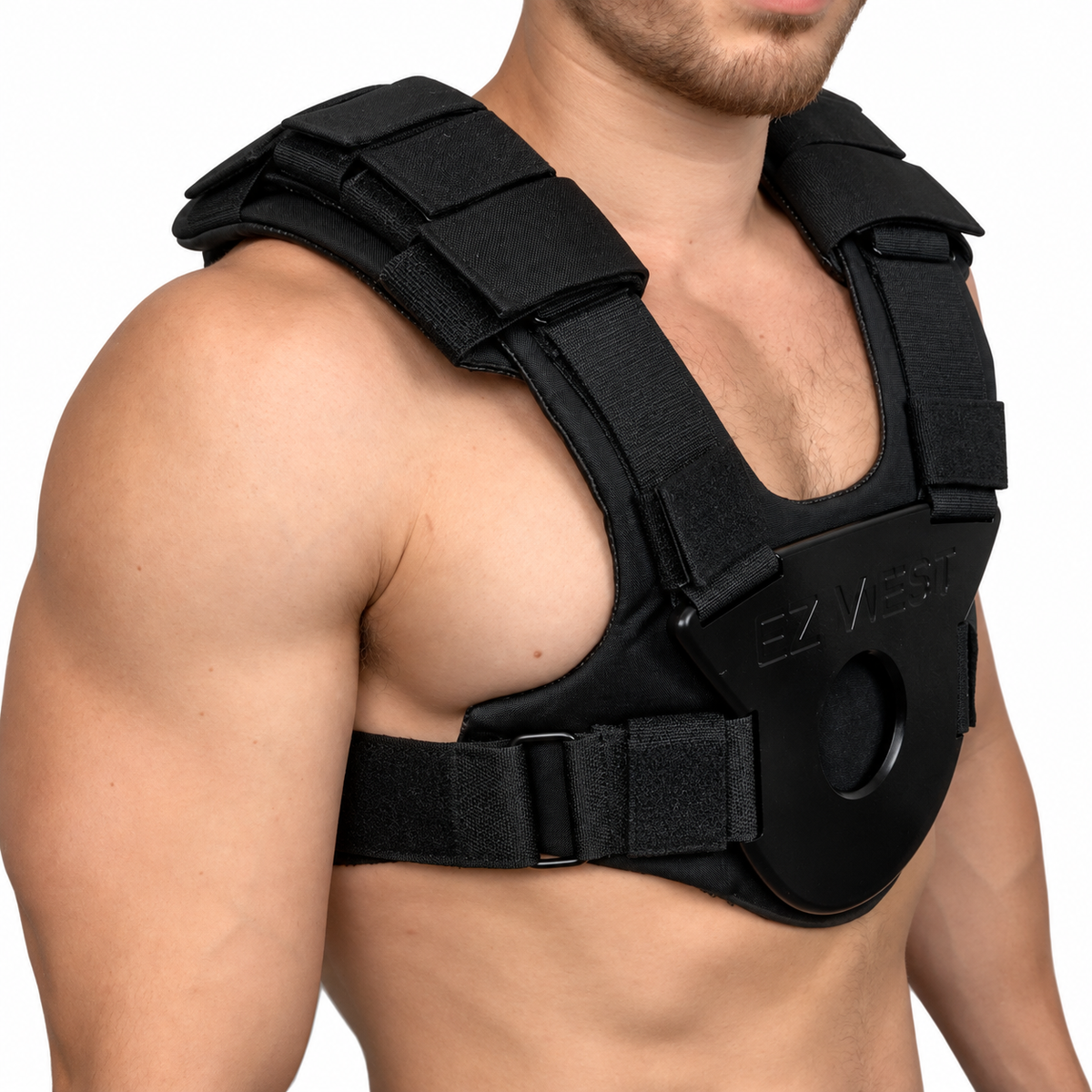 Kensui EZ-VEST worn with the wider shoulder padding, showing the fit over both shoulders.