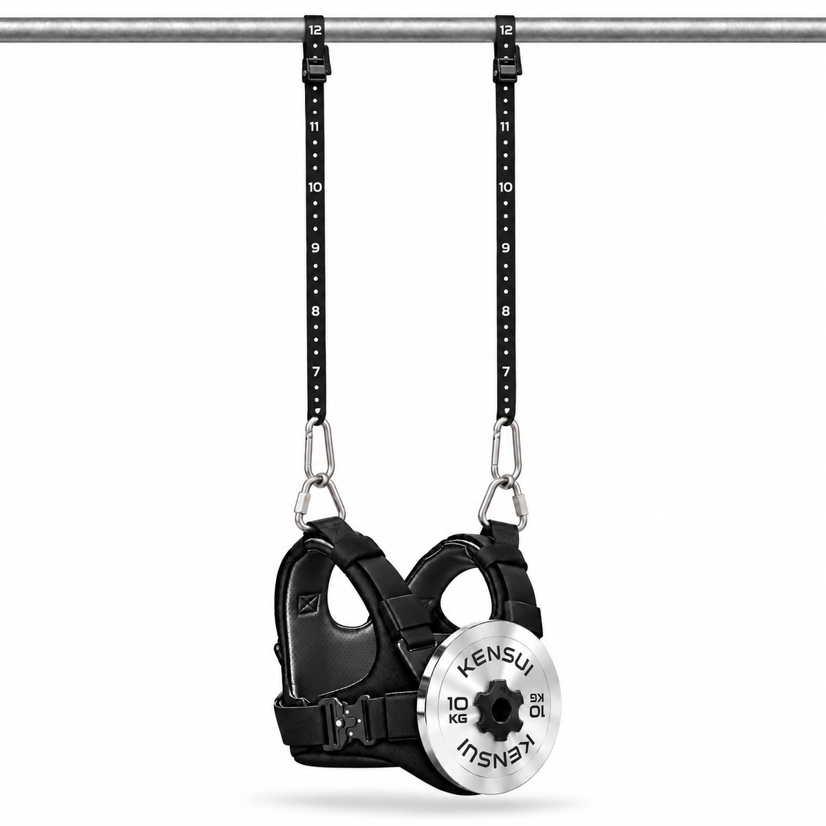 Kensui EZ-VEST suspended from a pull-up bar by two long numbered straps with cam buckles, snap hooks and triangular quick links, shown on a white background.