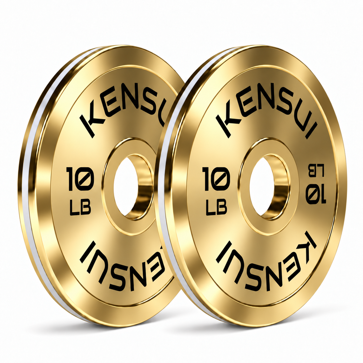 Pair of Kensui 10 lb calibrated gold weight plates on a white background