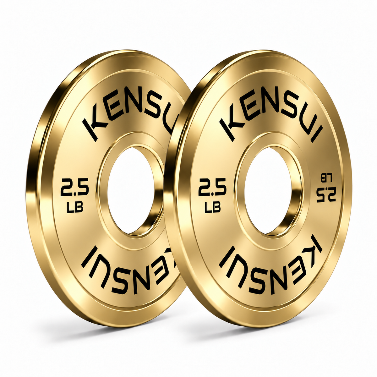 Pair of Kensui 2.5 lb calibrated gold weight plates on a white background