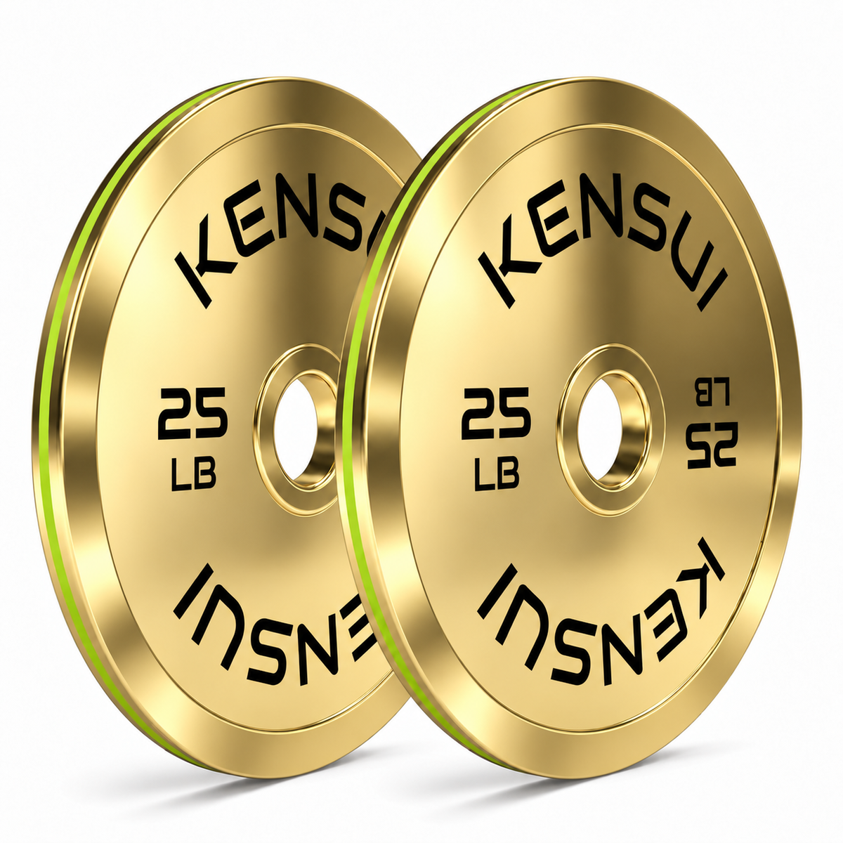 Pair of Kensui 25 lb calibrated gold weight plates on a white background