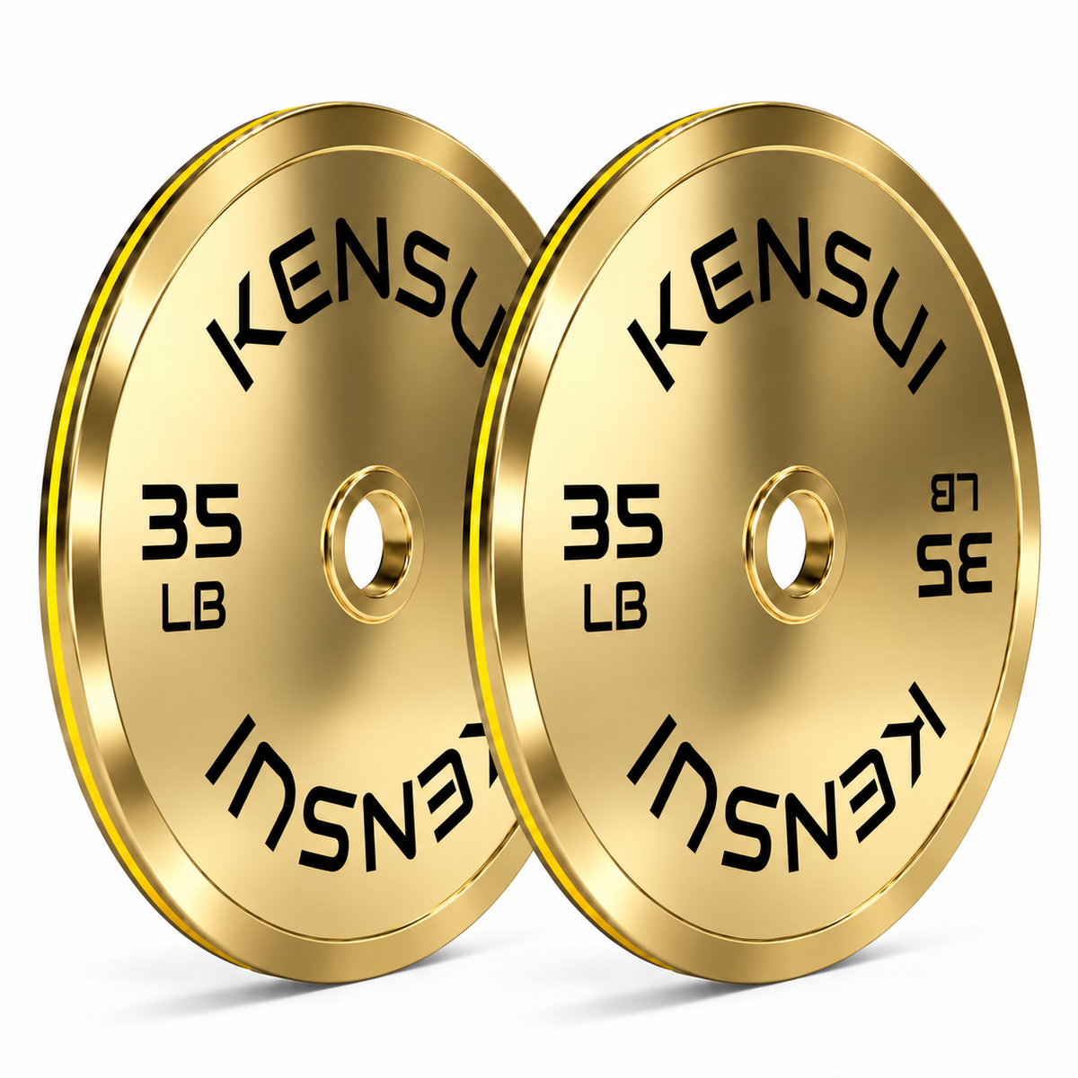 Pair of Kensui 35 lb calibrated gold weight plates on a white background
