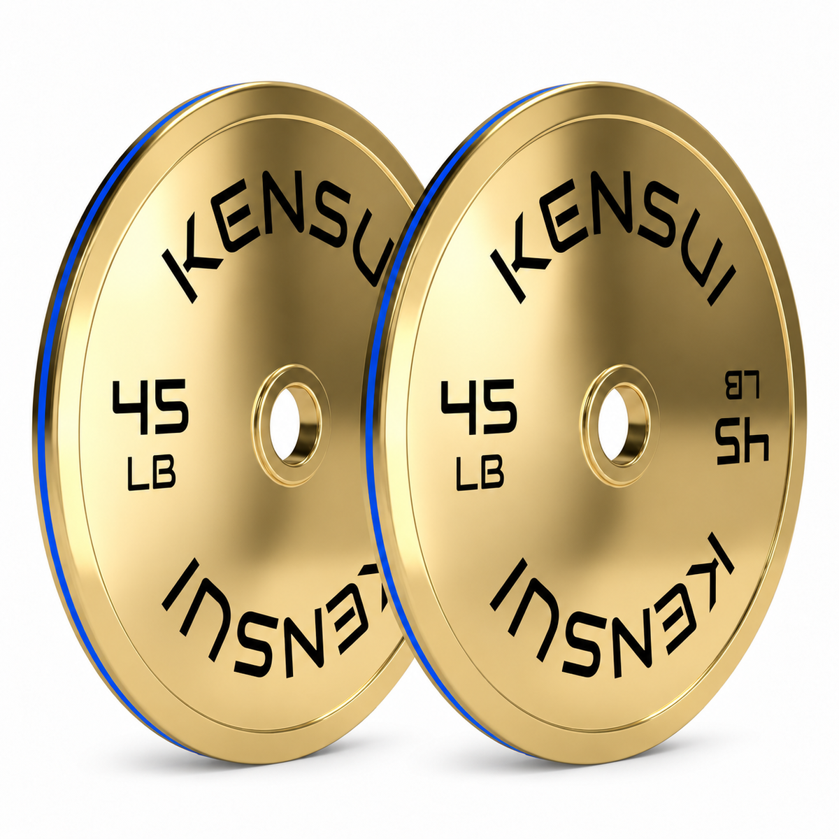Pair of Kensui 45 lb calibrated gold weight plates on a white background