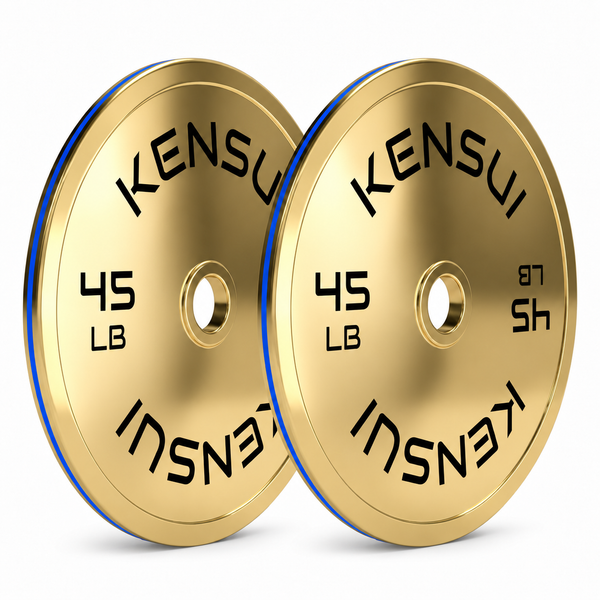 Pair of Kensui 45 lb calibrated gold weight plates on a white background