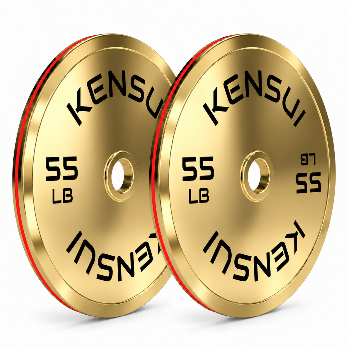 Pair of Kensui 55 lb calibrated gold weight plates on a white background