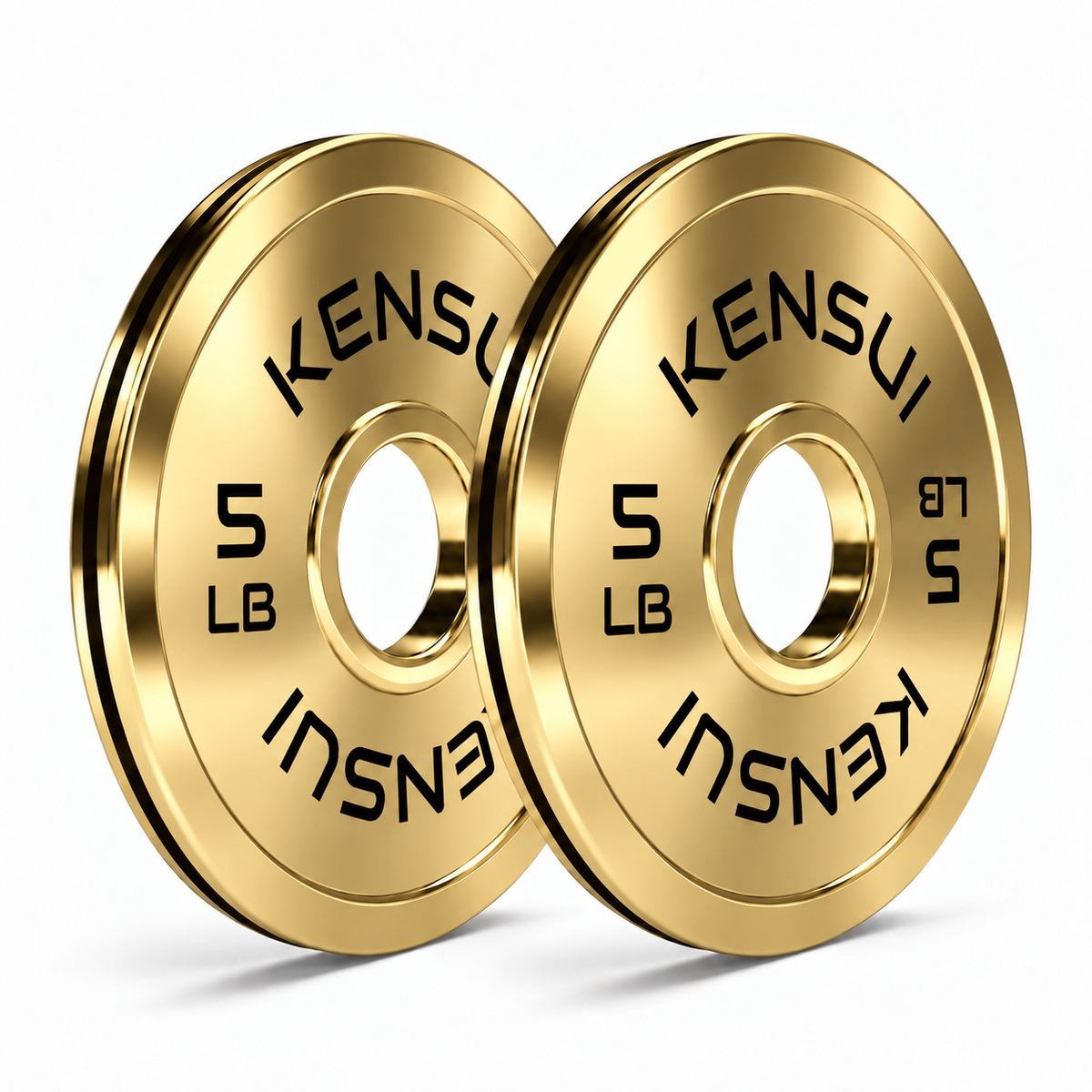Pair of Kensui 5 lb calibrated gold weight plates on a white background