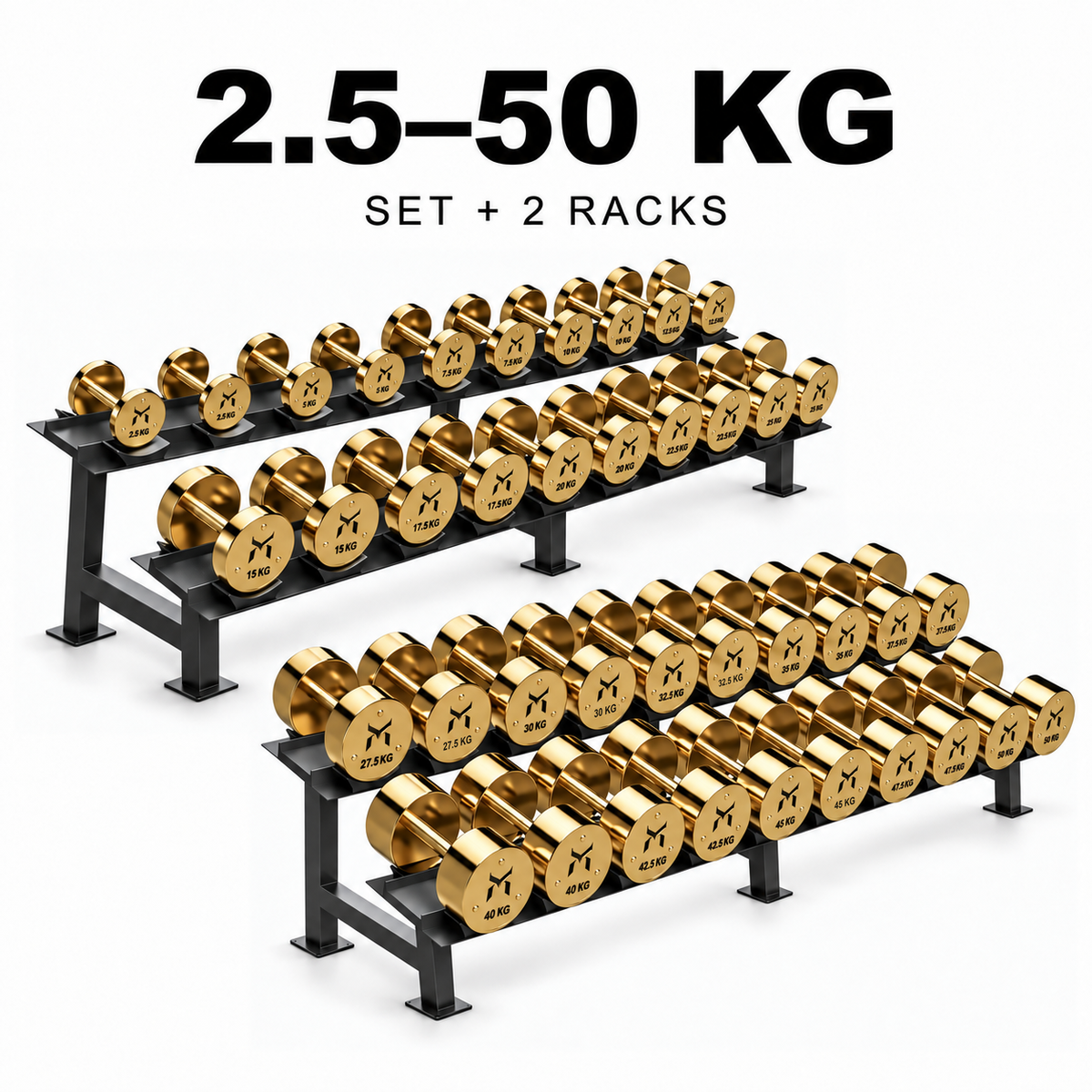 Kensui calibrated gold dumbbells, 2.5–50 kg set with two racks
