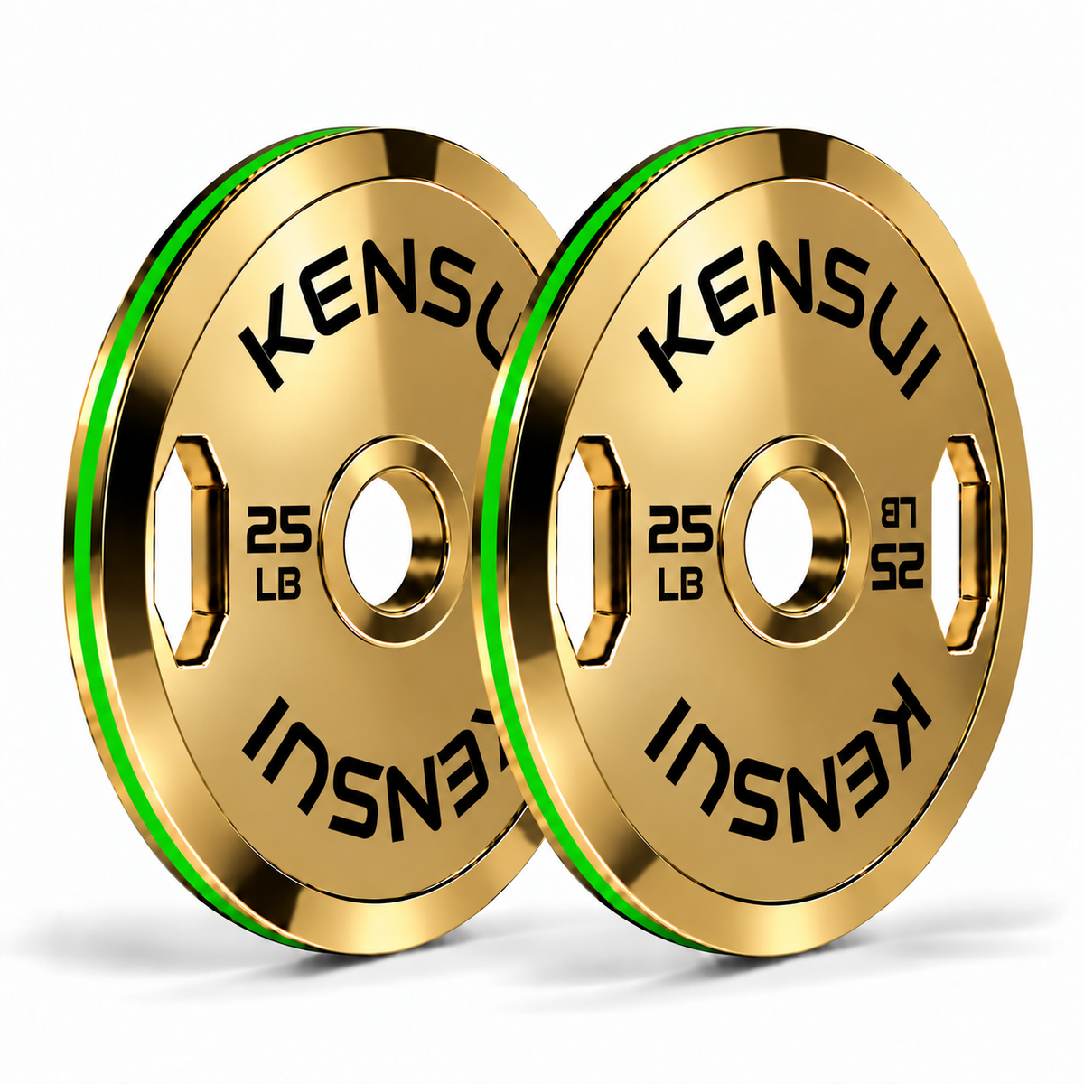 Pair of Kensui 25 lb calibrated gold grip weight plates with a mirror-polished finish, black markings and green rim inserts on a white background.