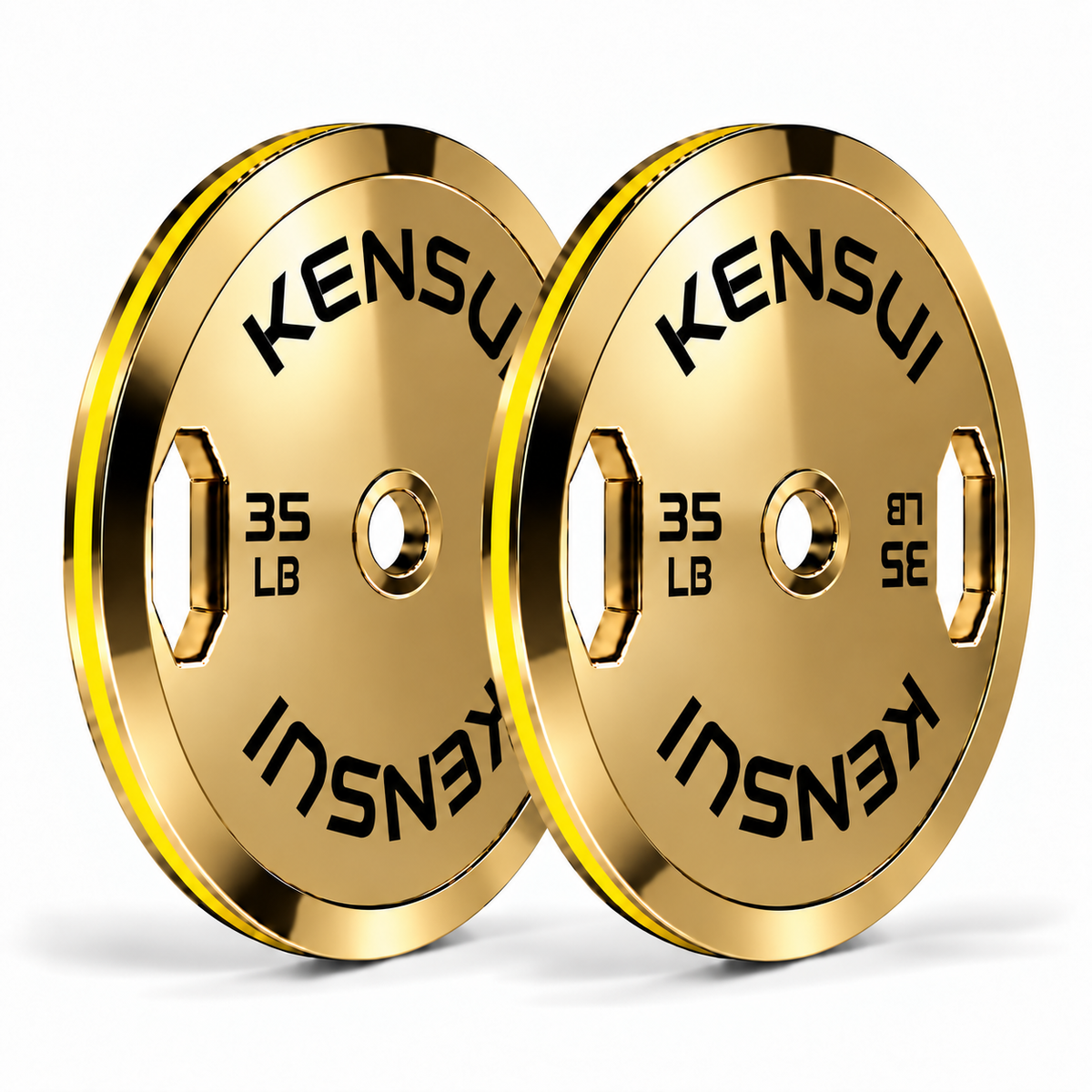 Pair of Kensui 35 lb calibrated gold grip weight plates with a mirror-polished finish, black markings and yellow rim inserts on a white background.