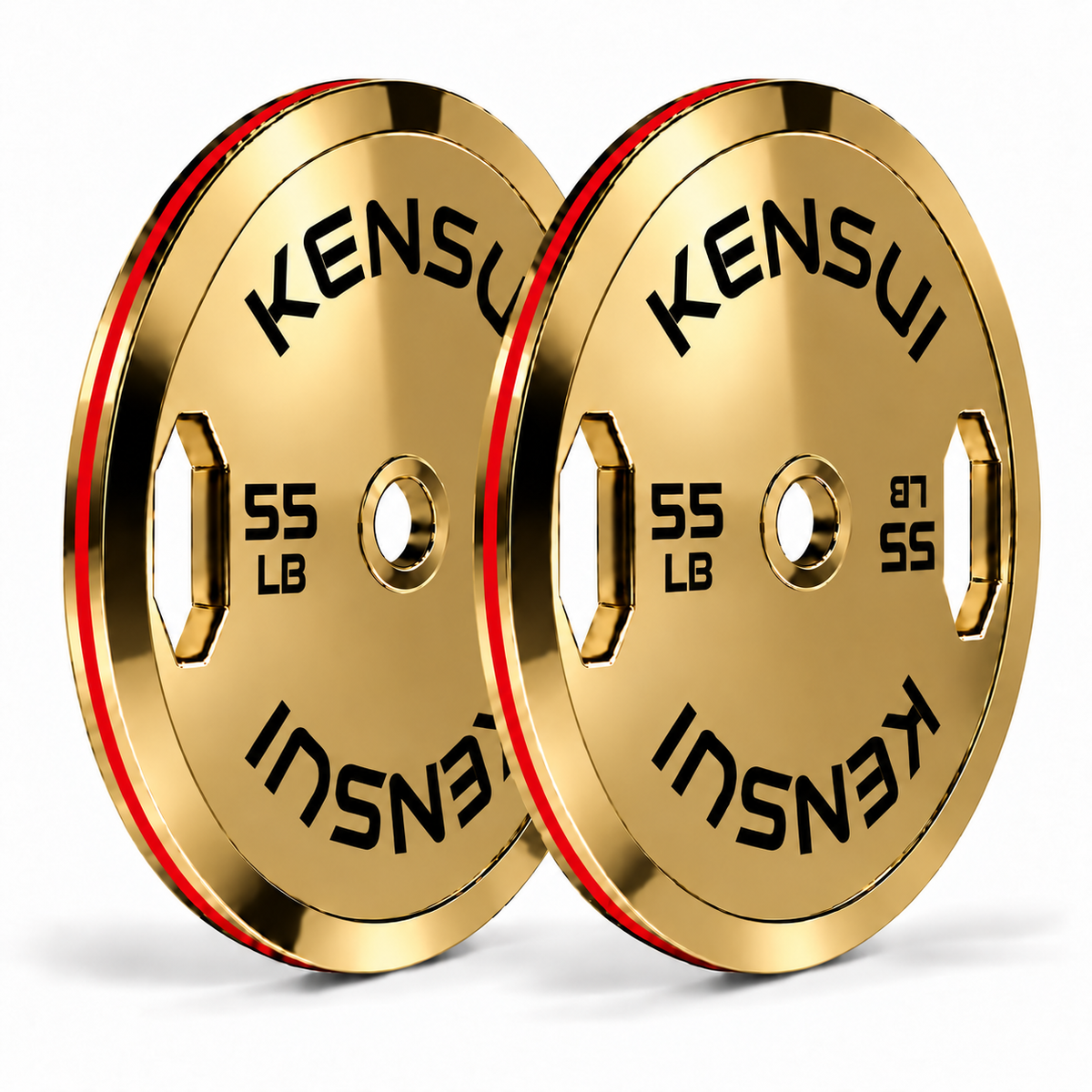 Pair of Kensui 55 lb calibrated gold grip weight plates with a mirror-polished finish, black markings and red rim inserts on a white background.