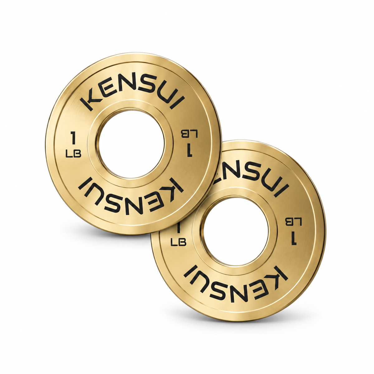 Pair of Kensui calibrated gold 1 lb microloading plates on a white background