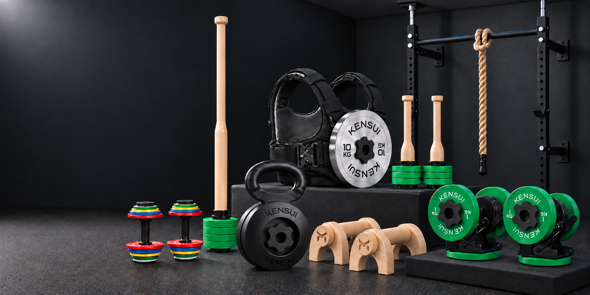 Kensui training equipment: EZ-VEST, EZ-MACE, EZ-CLUBS, EZ-BOOTs, EZ-BELL, AdaptaBELLs and YinYang parallettes.