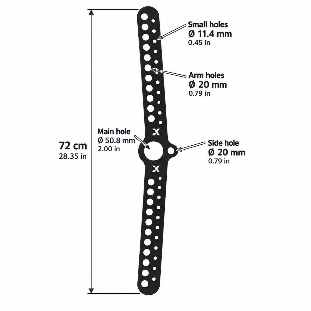 Long 72 cm Kensui Landmine Carabiner Attachment dimensions and hole diameters in metric and inches
