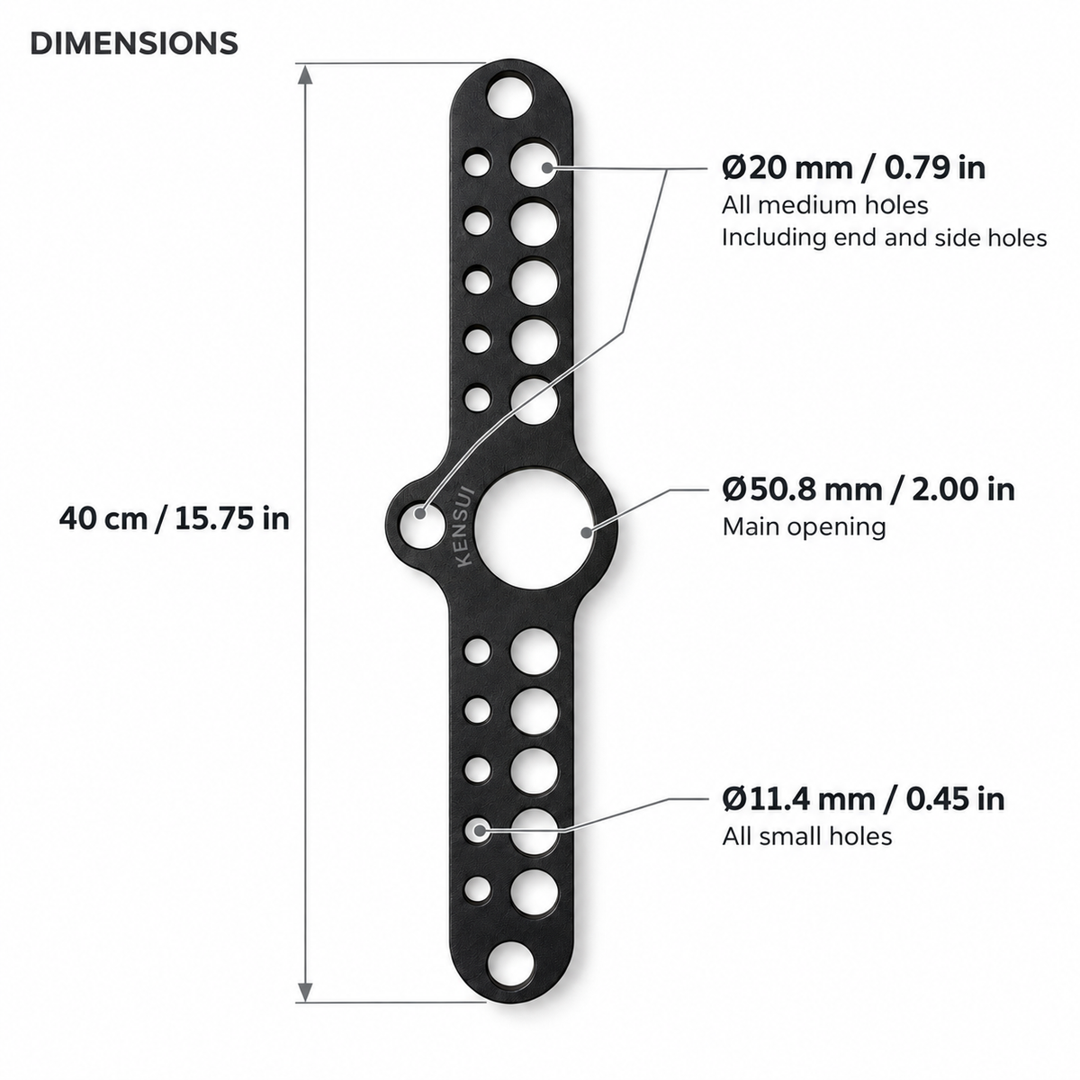 Short 40 cm Kensui Landmine Carabiner Attachment dimensions and hole diameters in metric and inches