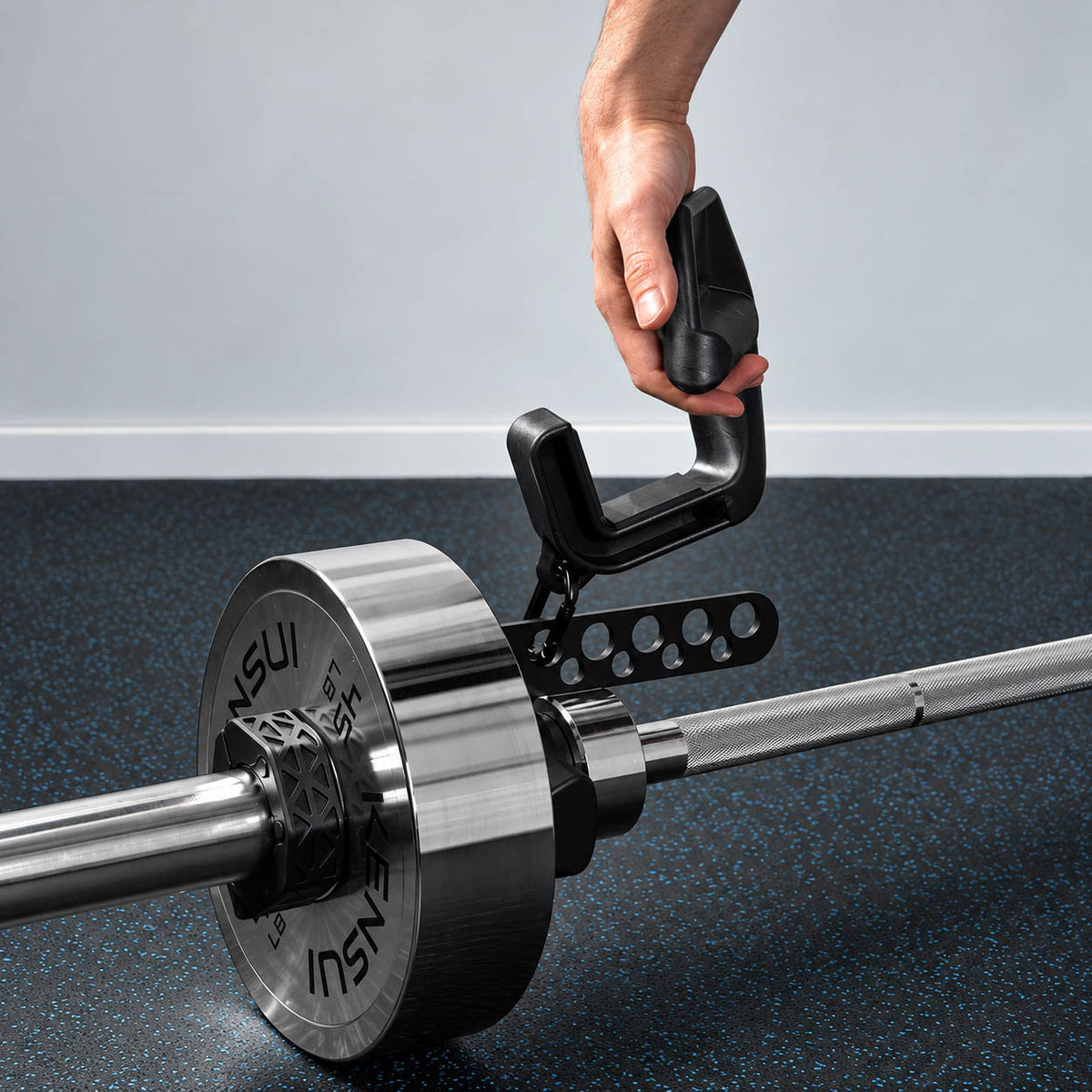 Handle clipped to the Kensui Landmine Belt Squat Attachment with a carabiner