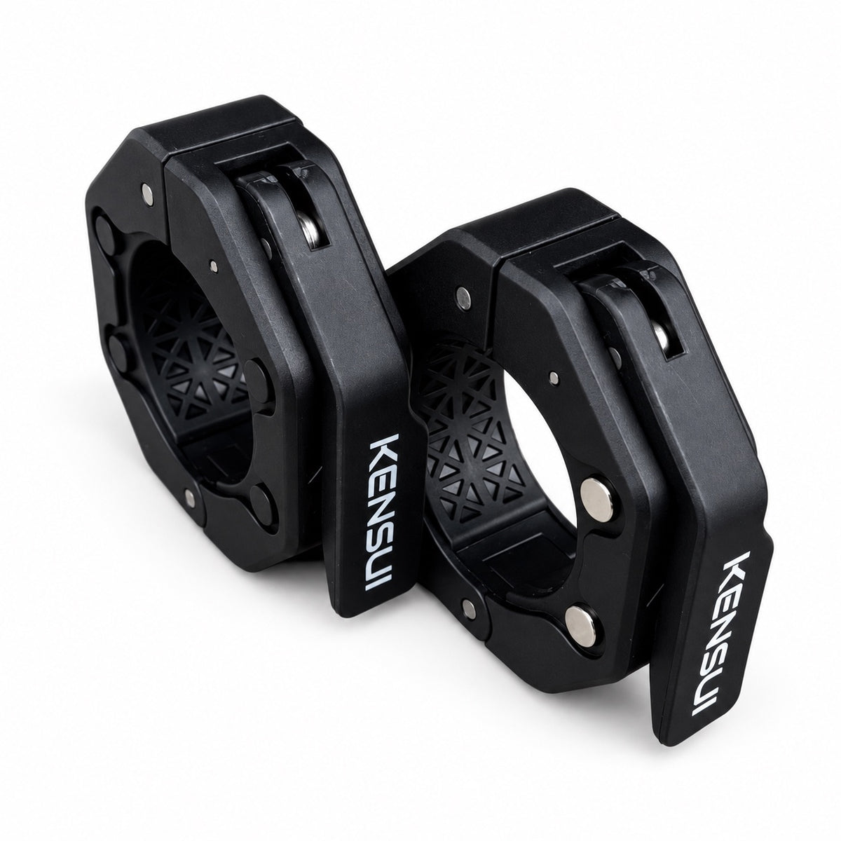 Pair of black Kensui magnetic barbell collars with quick-release levers closed