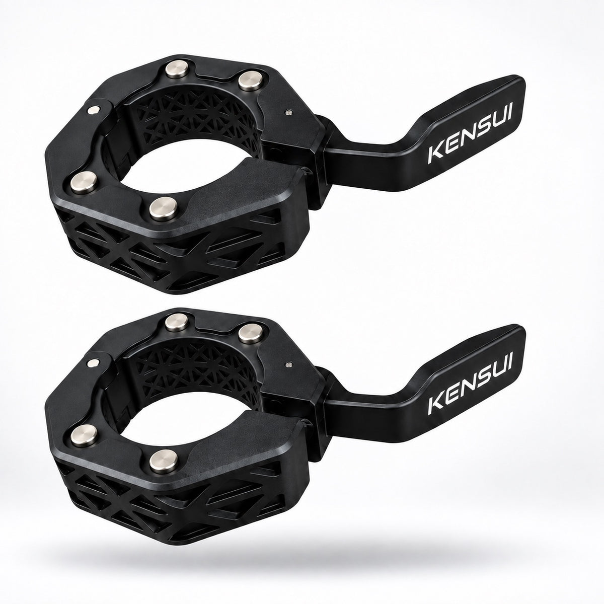 Pair of black Kensui magnetic Olympic barbell collars floating with aligned open levers