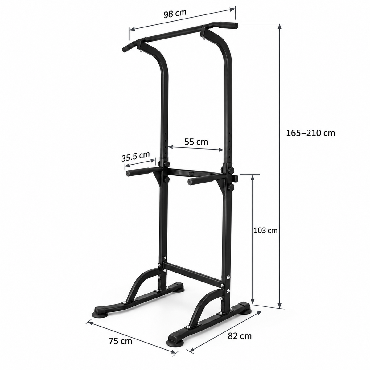 Kensui Power Tower dimensions: 165–210 cm height, 98 cm pull-up bar, 55 cm upright spacing, 35.5 cm dip handles, 103 cm dip height, and 75 × 82 cm base.