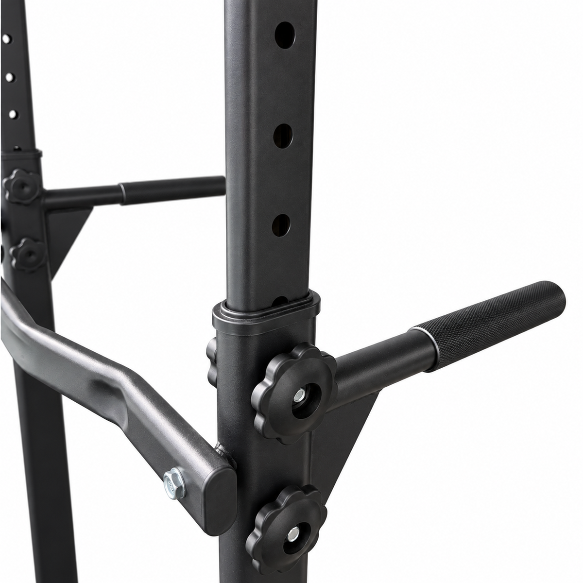 Close-up of the Kensui Power Tower height-adjustment holes, locking knobs and dip handle on a white background