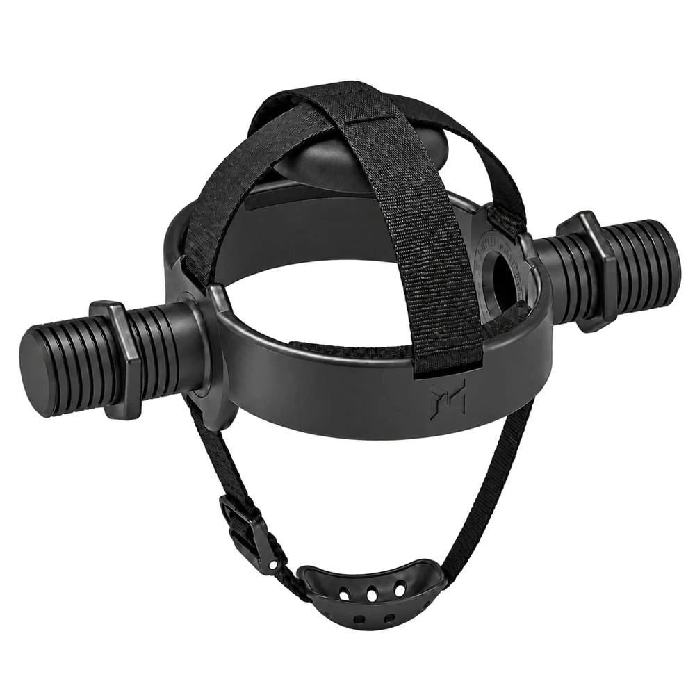 Kensui EZ-HELM V2 black neck training harness with weight sleeves and adjustable chin strap on a white background