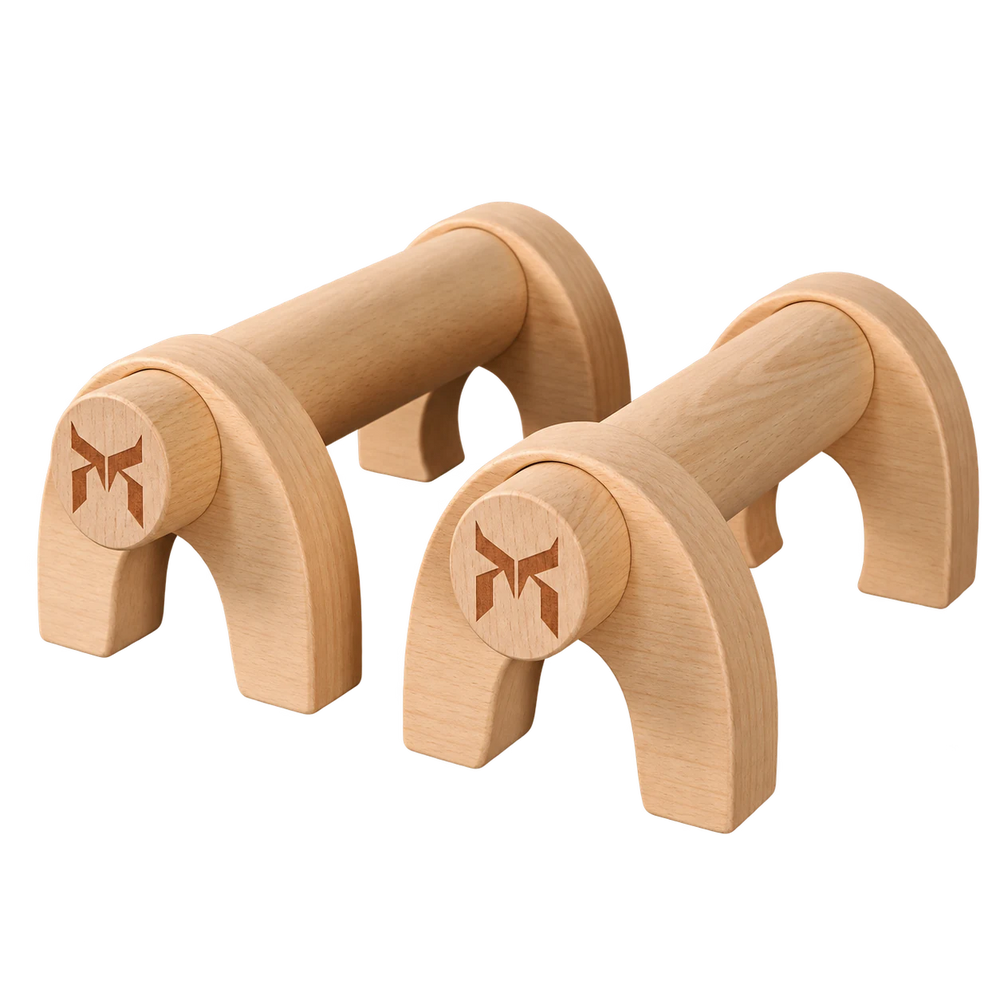 Kensui YinYang MAX wooden parallettes, one pair in a three-quarter view