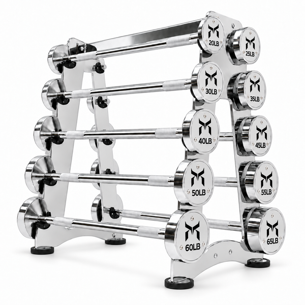 Kensui fixed chrome straight barbell set, 20–65 lb, with one rack, original Kabuto logos and centered top bolts
