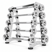 Ladda upp bild till gallerivisning, Kensui fixed chrome straight barbell set, 20–65 lb, with one rack, original Kabuto logos and centered top bolts