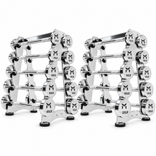 Ladda upp bild till gallerivisning, Kensui fixed chrome straight barbells, 20 weights from 20 to 130 lb with two racks and original Kabuto logo