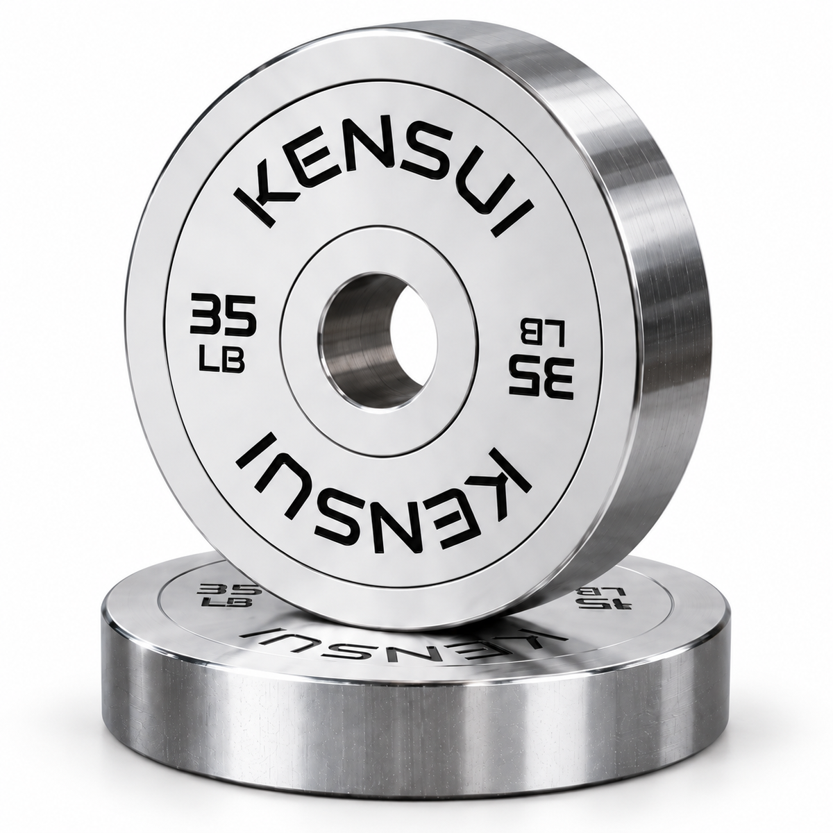 Kensui VersaPlates 35 lb pair: thick chrome plates with 50 mm Olympic holes, stacked on white