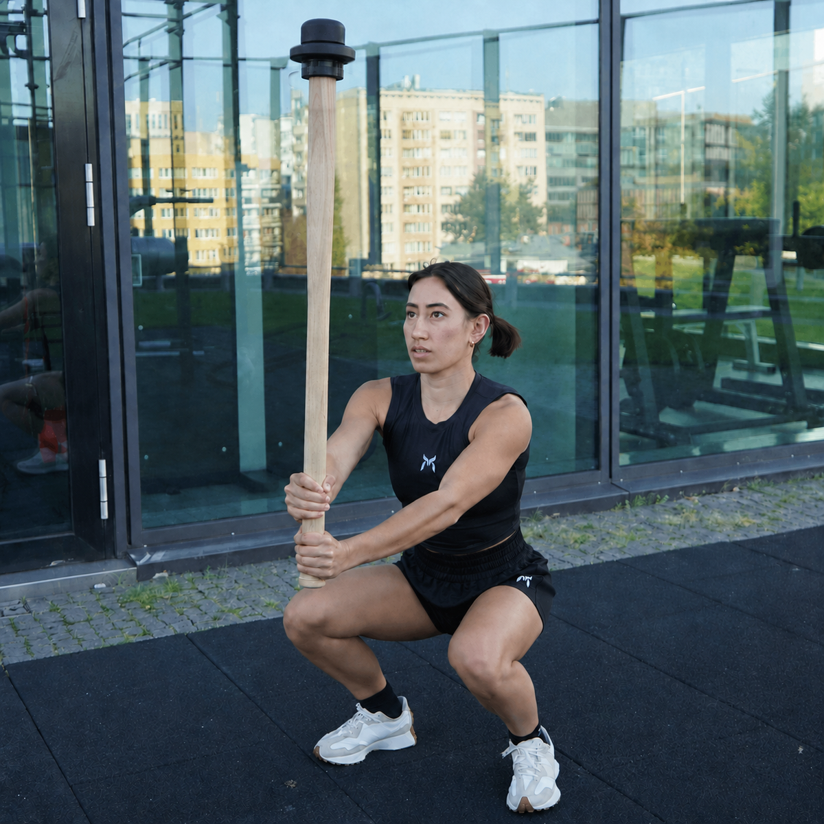 Mace squat, plate raised