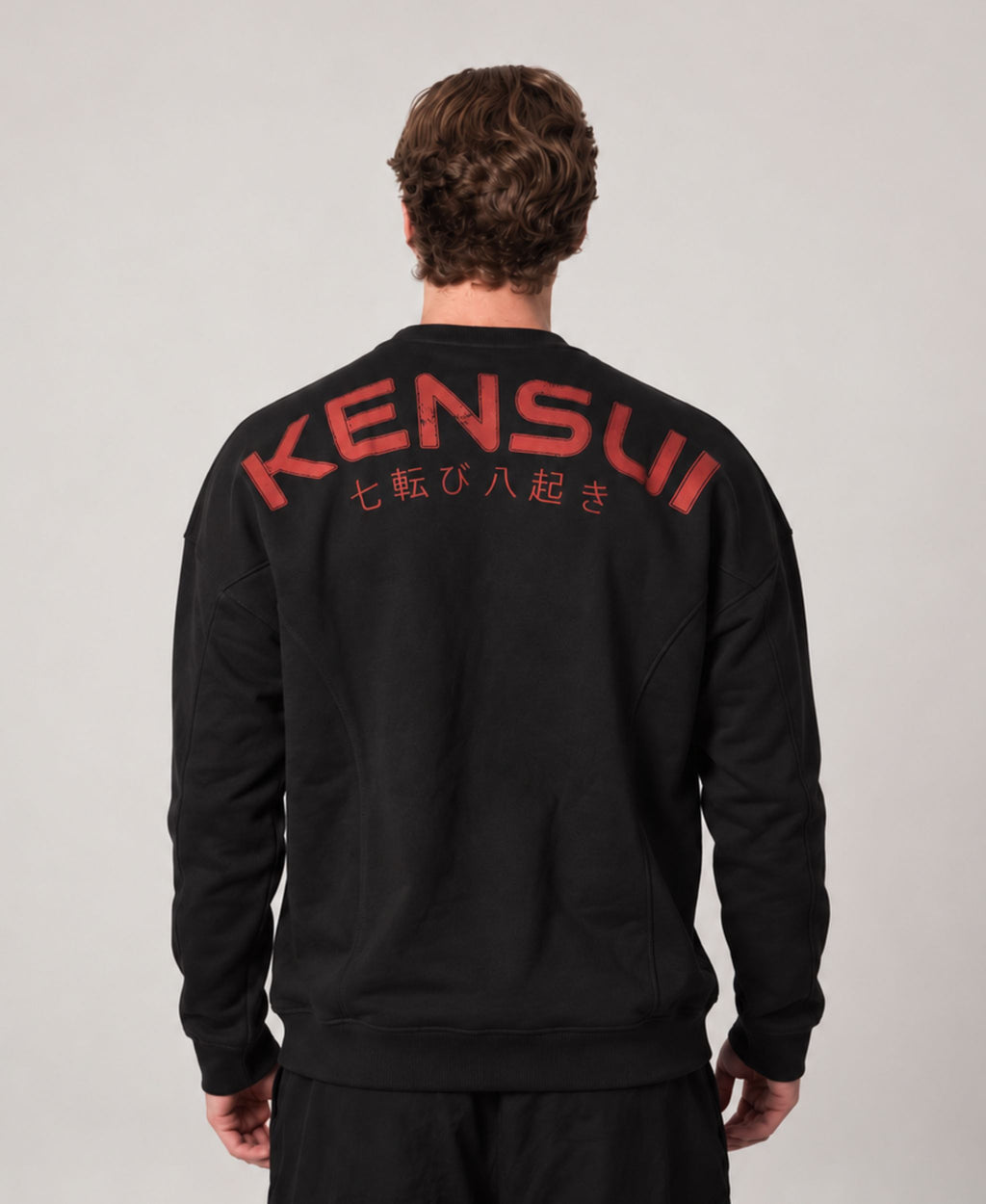 Nanakoribi Crew in black with red print, back view with KENSUI lettering and Japanese print.
