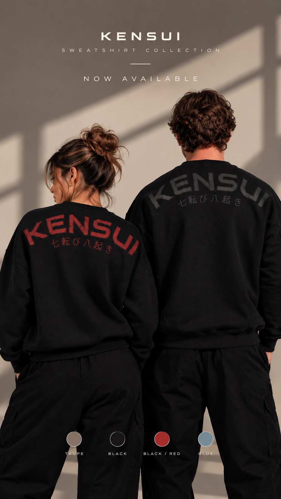 Nanakoribi Crew campaign image showing black sweatshirts with red and tonal back prints.