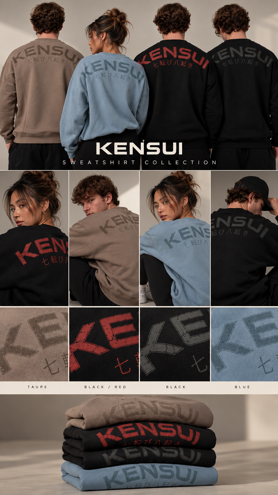 Nanakoribi Crew collection collage showing Taupe, Black / Red, Black and Blue colorways and printed details.