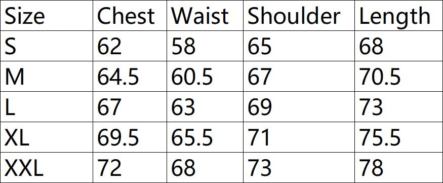 Nanakoribi Crew size chart for S, M, L, XL and XXL with chest, waist, shoulder and length measurements.