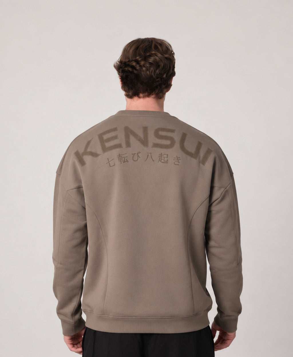 Nanakoribi Crew in taupe, back view with KENSUI lettering and Japanese print.