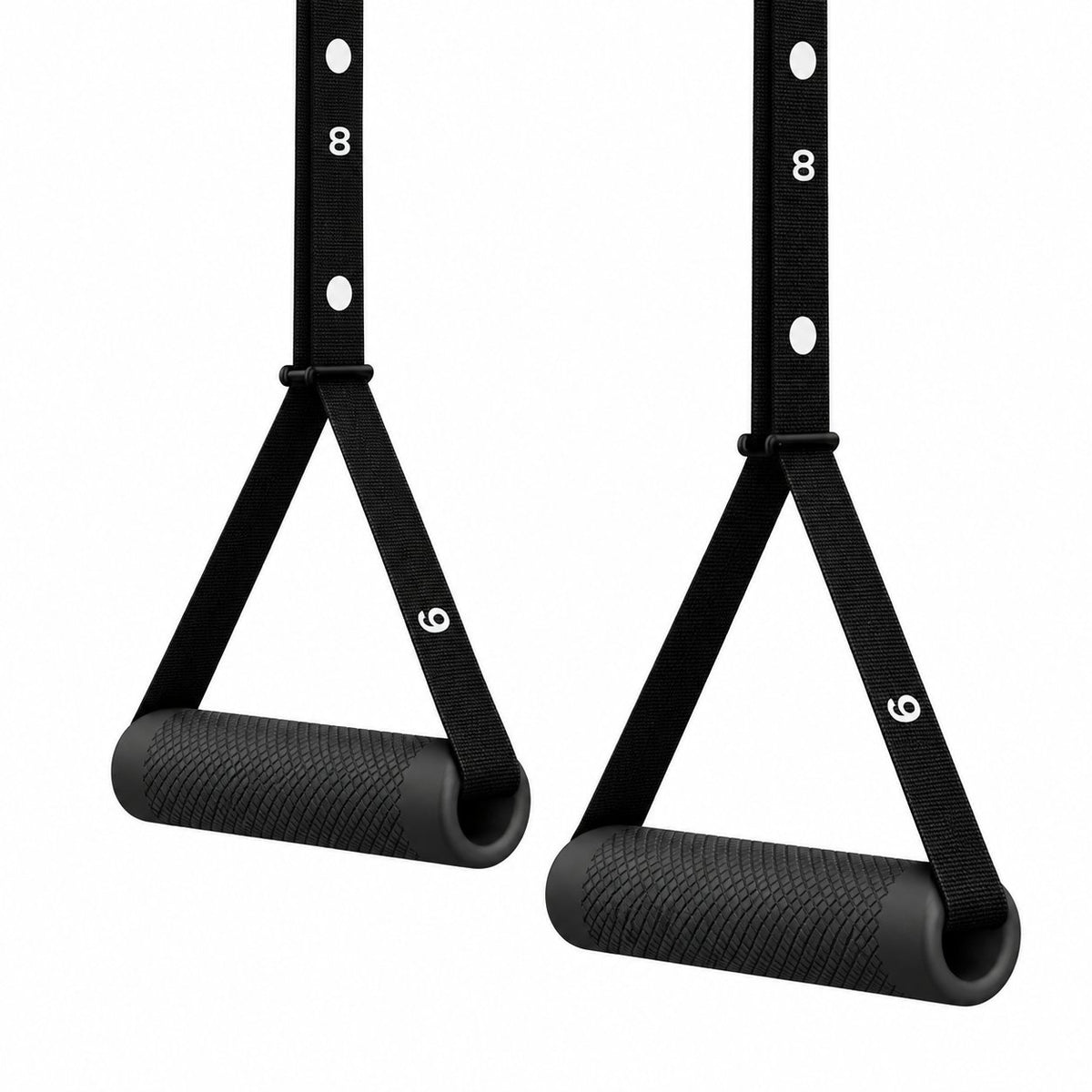Kensui Nanobars V2 in Black, pair of knurled suspension handles with adjustable black straps on a white background