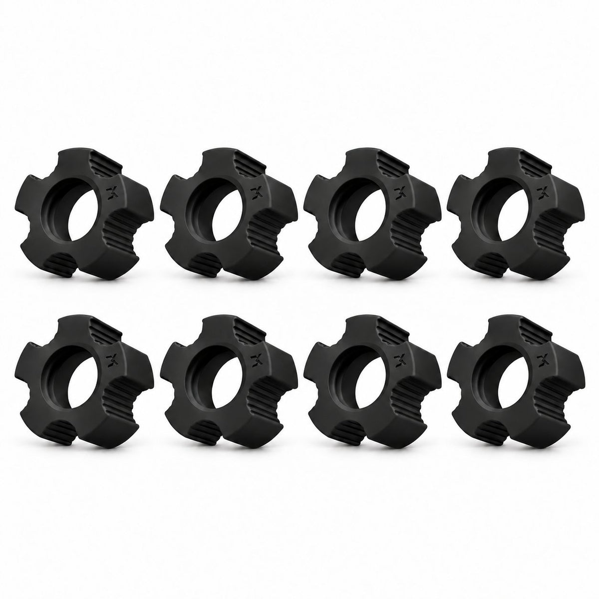 Pack of 8 black PA6-GF30 AdaptaBELL centering adapters arranged in a grid on white.