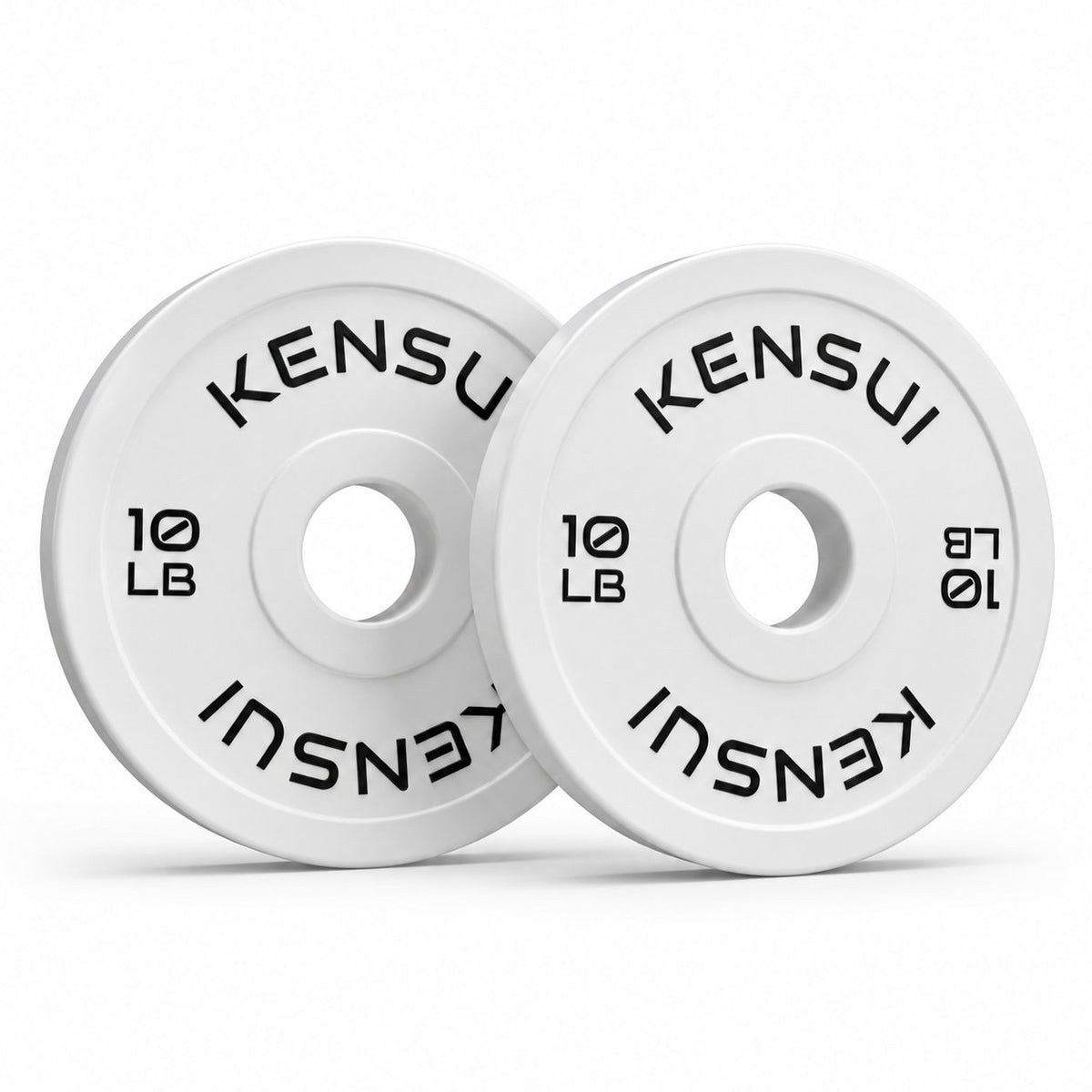 Pair of Kensui white 10 lb rubber change plates with black lettering on a white background